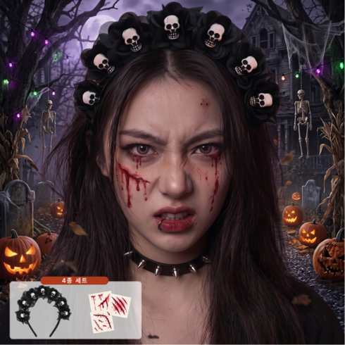 Miri&Ju 블랙로즈 해골 머리띠& 리얼 특수분장 상처 타투스티커 풀세트