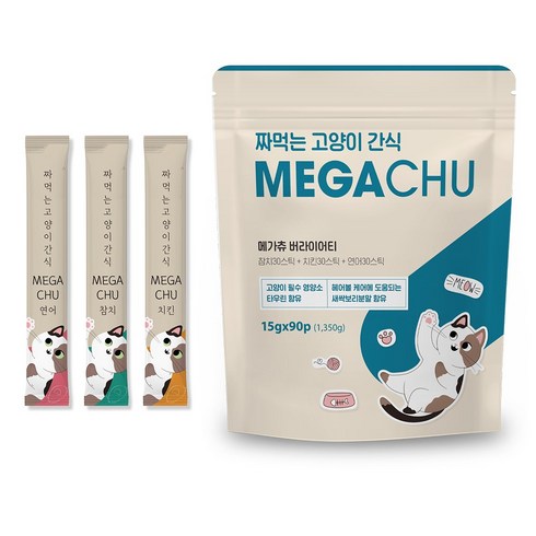 메가츄 짜먹는 고양이 간식 츄 90스틱 대용량 2개, 연어+치킨+참치, 15g, 180개