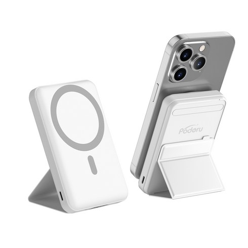 Podoru 맥세이프 보조배터리 PD22.5W 고속충전 10000mAh 대용량 무선 아이폰 보조베터리 휴대용 거치대, 화이트