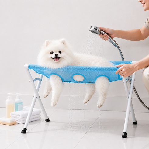 가정용 반려동물 목욕 거치대 접이식 강아지 고양이 셀프미용 고정대 샤워 해먹 드라이 발톱관리 소형견 애견미용대, 1개, 블루