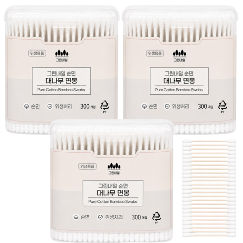 그린내일 대나무 멸균 면봉, 3개, 300개입