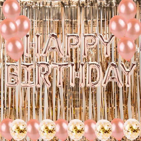 라이프그래피 생일풍선 가랜드 + 풍선 15p + 컨페티 풍선 5p + 커튼 2p 세트, 로즈골드, 1세트