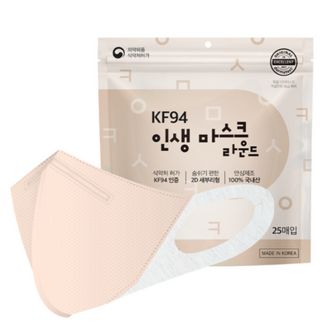 인생마스크 국산 귀편한 새부리형 KF94 마스크 중형 100매, 블러쉬베이지, 4세트, 25매입