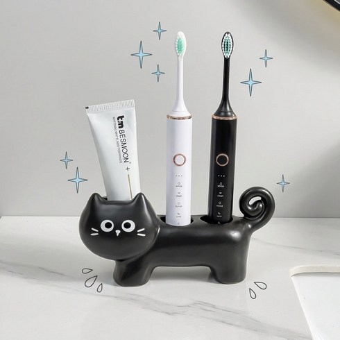 고양이 칫솔꽂이 욕실 테이블 세라믹 칫솔 전동칫솔 거치대 치약 수납함, 1개, 블랙black