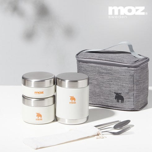 MOZ 스웨덴 포스코 316 올스텐 보온도시락 3종 도시락가방 수저 세트, 크림, 1세트