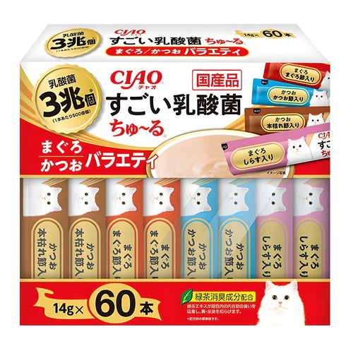 챠오 고양이 츄르 스고이유산균 버라이어티, 참치&가다랑어&치킨 버라이어티, 14g, 60개