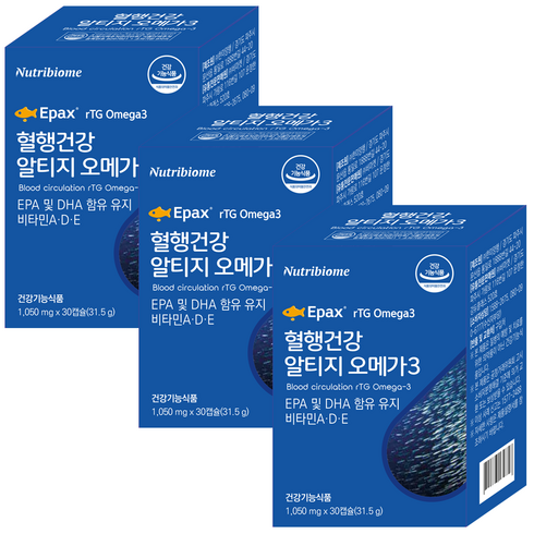 뉴트리바이옴 혈행건강 rTG알티지 오메가3 EPA & DHA 함유유지 비타민 A D E, 30정, 3개