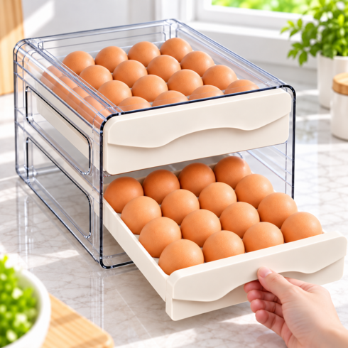 루네바 32구 서랍식 계란보관함 냉장고 정리함, 1개, 크림화이트