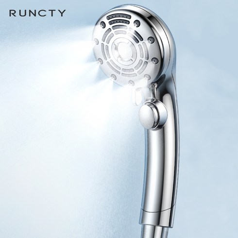 RUNCTY 샤워기 안개분사 피부케어 수압상승 6단 조절 원터치 온오프 강한 세정력 절수 샤워기 헤드, 실버, 1개
