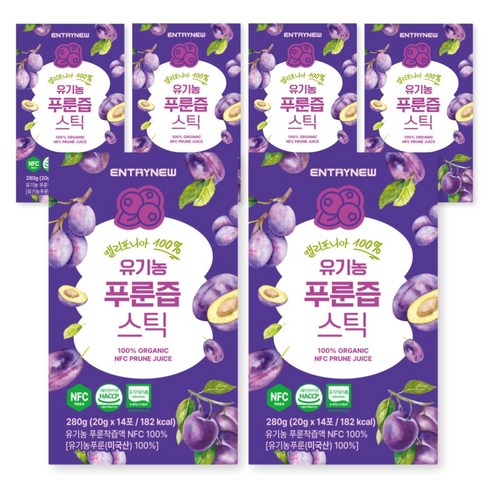 엔트리뉴 100% 유기농 푸룬즙 스틱, 6박스, 280g