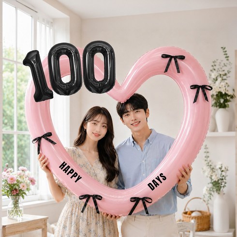 해피제이니 특별한 기념일 하트프레임 숫자풍선 리본세트 레터링 100일 생일 파티용품 포토존, 1개, 핑크 100