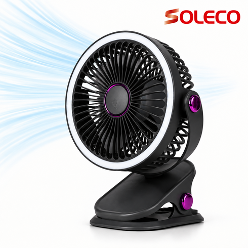 SOLECO 탁상용 무선 선풍기 클립형 무선 선풍기 360도 회전 저소음 USB-C 충전 LED 무드등 벽걸이 겸용 유모차 캠핑용, 딥블루 LED 선풍기, F15