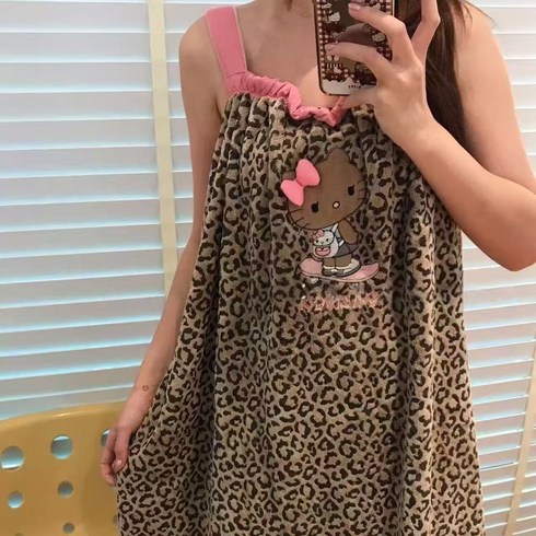 씨플 고급스러운 느낌 호피 무늬 귀여운 입체적인 리본 키티 끈 원피스 샤워 산호 플란넬 흡수성이 강함 튜브탑 목욕 가운, 표범무늬 커피