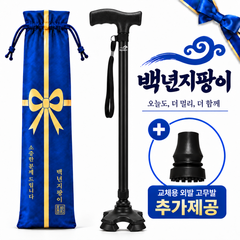 [백년지팡이] 초경량 네발 선물포장 어르신 지팡이, 1개, 블랙