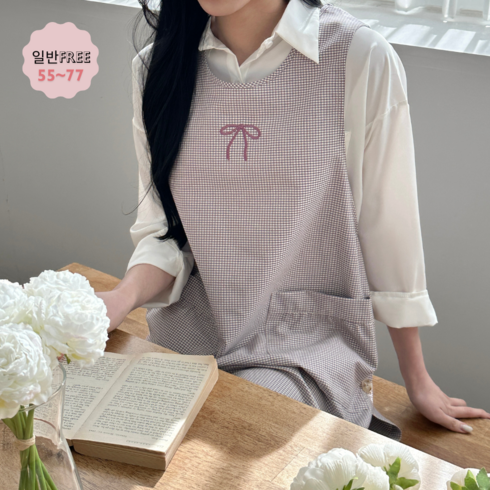리본자수 앞치마 단추타입 원피스 예쁜 유치원 어린이집 선생님 보육교사 교사 실습 앞치마 린다스 에이프런샵, 1개, 일반/체크그린
