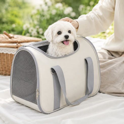 리앤펫 강아지 고양이 접이식 이동가방 슬링백 이동식캐리어, 1개, 아이보리
