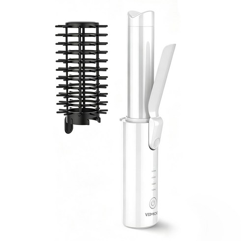 VEMOO 휴대용 무선 고데기 탈부착 빗 브러쉬 32mm 봉고데기 웨이브 S컬 C컬, 화이트, C101-W