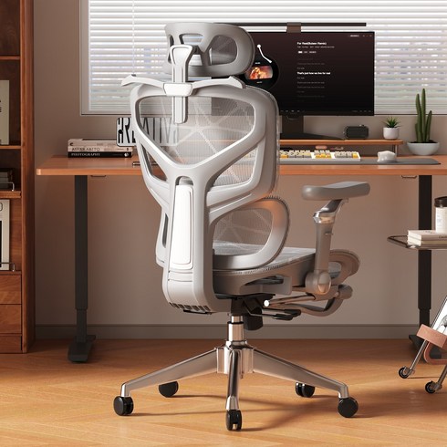 LOVFIR AIRMESH 902 PLUS 인체공학 메쉬 사무용 의자 풀메쉬 의자 9D 팔걸이 헤드레스트 요추 지지 발받침 리클라이닝, 아이보리 그레이