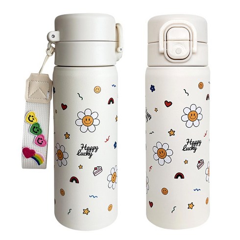바이코코 DIY 스트랩 스마일 데이지 보온 보냉 스텐 예쁜 손잡이 빨대 텀블러, 1개, 500ml, 크림아이보리