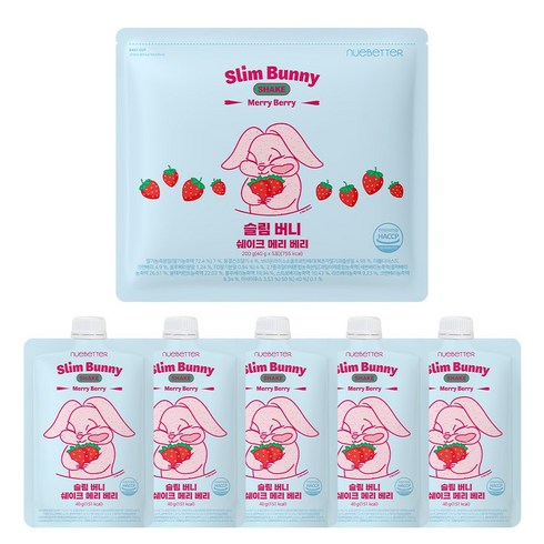 뉴베러 슬림 버니 단백질 쉐이크 파우치, 40g, 5개, 메리베리 딸기맛