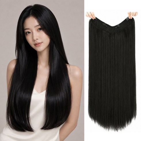 리노아 V형 헤어피스 60cm 자연 숱늘림 긴머리 가발 간편 착용, 1개, 내추럴블랙