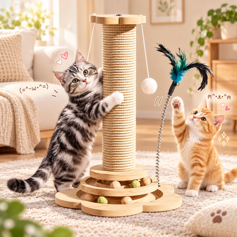 LTJZ 고양이 수직 기둥 스크래쳐 캣타워 고양이 켓타워스트레스 완화 2in1 고양이 장난감, 1개, 원목색