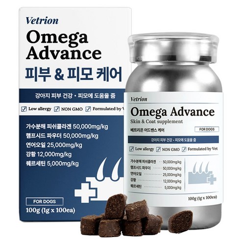 베트리온 오메가3 어드밴스 강아지 피부 영양제 가려움증 알러지 습진 아토피, 1개, 피부/피모, 100정