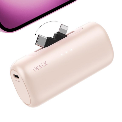 아이워크 iWALK 듀얼 커넥터 도킹형 미니 보조배터리 5000mAh PD 15W 초고속충전 일체형 아이폰 갤럭시 2in1 휴대용 잔량표시, 핑크