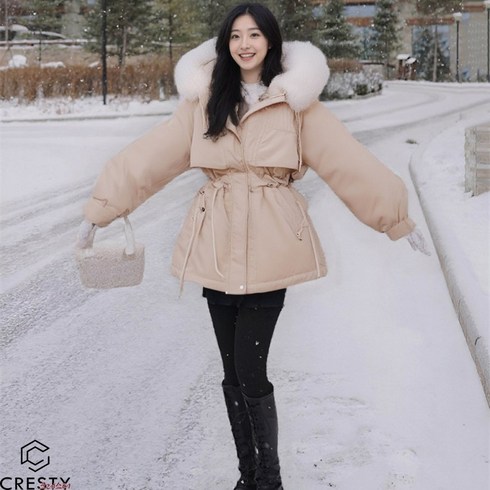 크레스티 여성 루즈핏 털 카라 후드 점퍼 겨울 캐주얼 보온 기모 집업 코트
