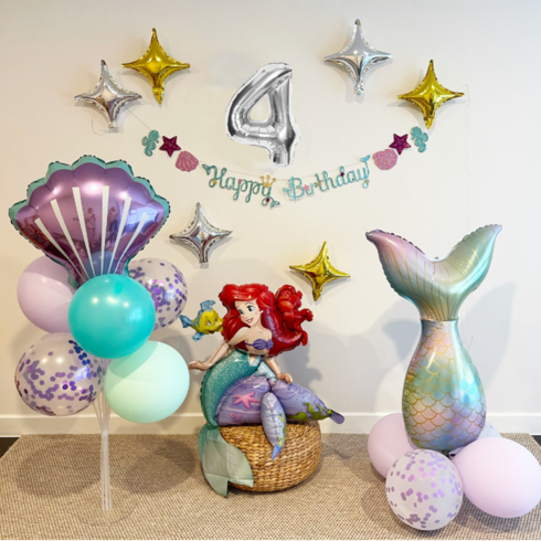 공주풍선 인어공주 생일파티세트 앉아있는 애리얼, 실버숫자 4, 1세트