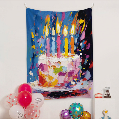 아라홍스 유화 감성 생일파티 가랜드 플란넬 축하 입체 현수막, 1개, 네이비 캔들 케이크