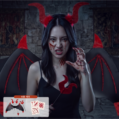 Miri&Ju 할로윈 악마 코스튬 날개 삼지창 머리띠 호러 상처 타투 스티커 풀세트