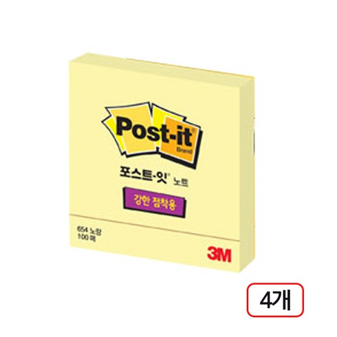 3M)포스트잇 강한점착용 654-SSN 4개입, 노랑, 90매, 1세트