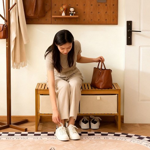 EcoVibe 수납벤치 신발장 현관 신발정리대 좁은현관 수납 가능한 원목 스타일 인테리어 벤치형 신발장 다기능 수납장, 1개, 커피색/대나무 재질