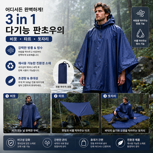 3in1 판초우비 망토형 방수 대형 등산 캠핑 낚시 겸용, 파란색, 1개