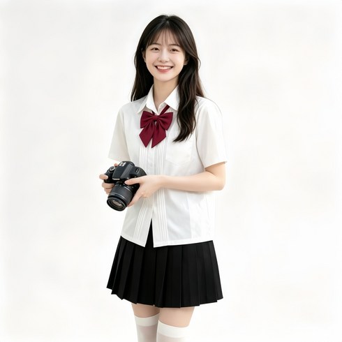IDEAER 여성 교복 반팔 주름 블라우스 화이트 스쿨룩 졸업사진 세트