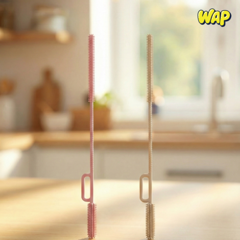 WAP 1+1 30cm 빨대 세척솔 젖병 실리콘 손상없는 부드러운 롱 다용도, 아이보리+핑크, 2개