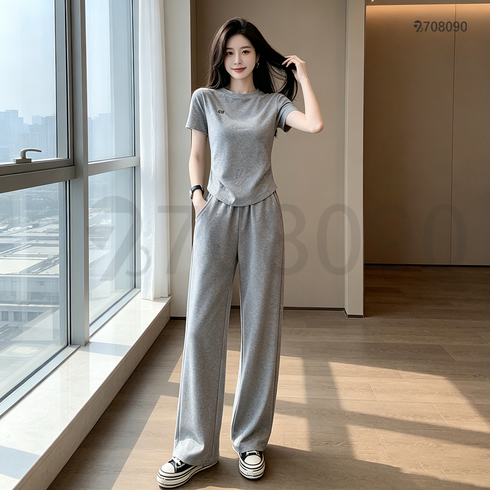 708090 캐주얼 슬림핏 반팔 트레이닝복 여성 와이드 팬츠 투피스