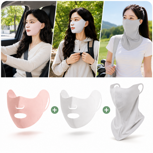 자외선차단 페이스커버 3종세트 얼굴커버 목커버 햇빛가리개 운전 산책 외출용, 1세트, 핑크1+라이트그레이2