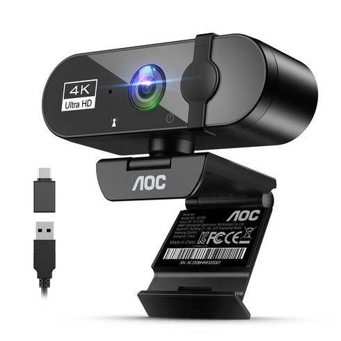 AOC 4K UHD 웹캠 노이즈캔슬링 마이크 내장 PC 화상회의 방송용, 블랙, AC310