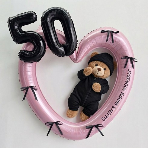 이벤트홀릭 50일 풍선 하트프레임 리본 세트(레터링 스티커 포함), 1개, 01.하트핑크 리본블랙