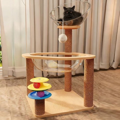 votgl 투명 스페이스캡슐 캣타워 해먹 스크래쳐, 80cm, 원목색, 1개