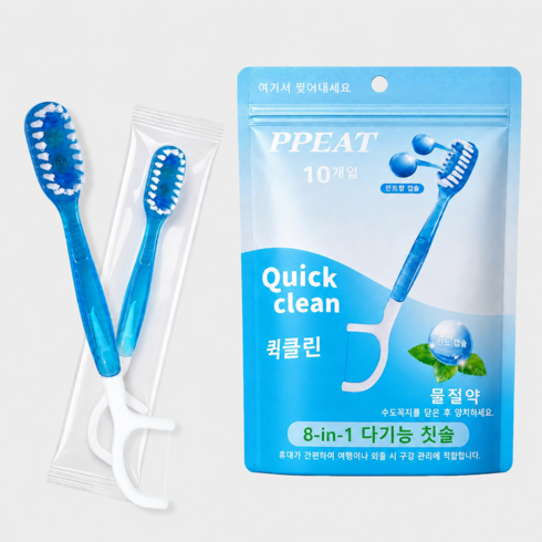 PPEAT 일회용 칫솔 물 없이 사용하는 8in1 일회용 미니 칫솔 개별포장 치실 혀클리너 이쑤시개 분리형 듀얼캡슐 일회용 치실 칫솔 추천 1 위 퀵클린 치실, 1개, 10개입, 2cm
