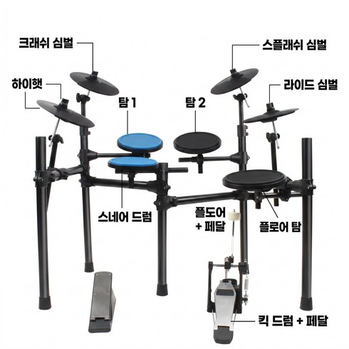 소음 없는 전자 드럼 세트 연습용 드럼 가정용 소음없는 타악기 초보자 입문용 연습 저소음 패드 (5드럼 4심벌 + 싱글 페달 + 하이햇 페달), 1개, SPB
