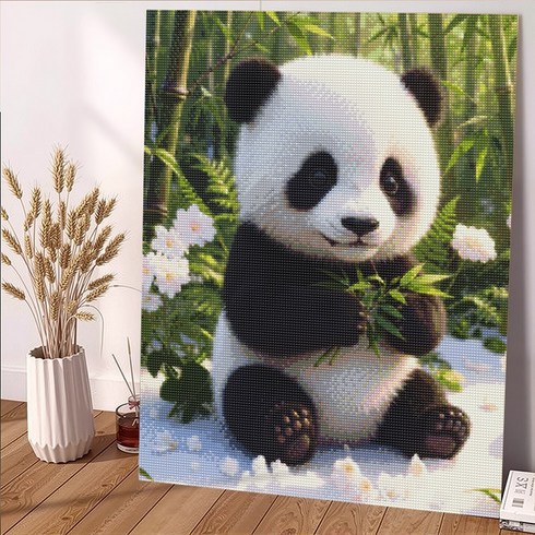 wonderful live 보석십자수 대형 DIY 키트 캔버스형 액자 풍경 인물 해바라기 꽃식물 부엉이 40 x 50 cm, 1개, 귀여운 판다
