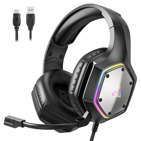 EKSA E1000 게이밍 헤드셋 노이즈 7.1 서라운드 RGB PC/PS4/PS5, 검은색 Type-C 연결 케이블, Type-C 연결 케이블