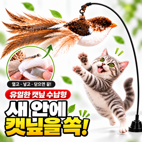 레오꼬리 고양이 캣닢 낚시대 장난감 혼자서 날아다니는 새, 1개, 부라운 캣닢형