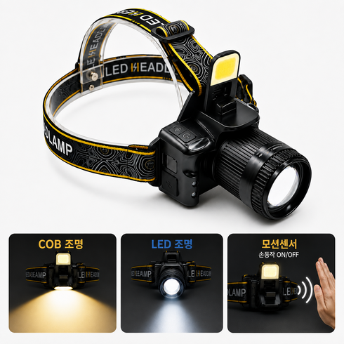 율이고래 KC 인증 3000루멘 8세대 듀얼 COB LED 랜턴 모션센서 대용량 배터리 충전식 랜턴 낚시 등산 해루질 랜턴, 1개, 패턴블랙