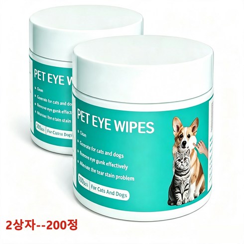 강아지 고양이 눈귀세정티슈 고양이 눈물자국지우개 강아지티슈 눈물자국제거제 반려동물 눈물 자국 관리 고양이 눈 닦기 물티슈 눈곱제거 귀청결 눈물관리 200PCS, 2개, 120g