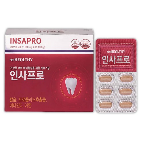 치아에 좋은 인사프로 건강한 뼈 치아 이가 탄탄해지는 흡수율 높은 비소성 코랄칼슘 영양제 프로폴리스 추출물, 1개, 60정